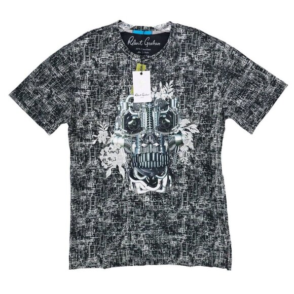 NWT ROBERT GRAHAM Mechanical Skull T-Shirt All Over Print Embroidered SMALL - Picture 1 of 8
